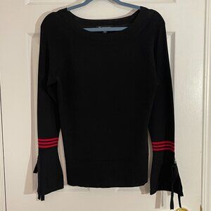 Black Boat Neck Knit Top fancy long sleeves with red stripe detailing size L